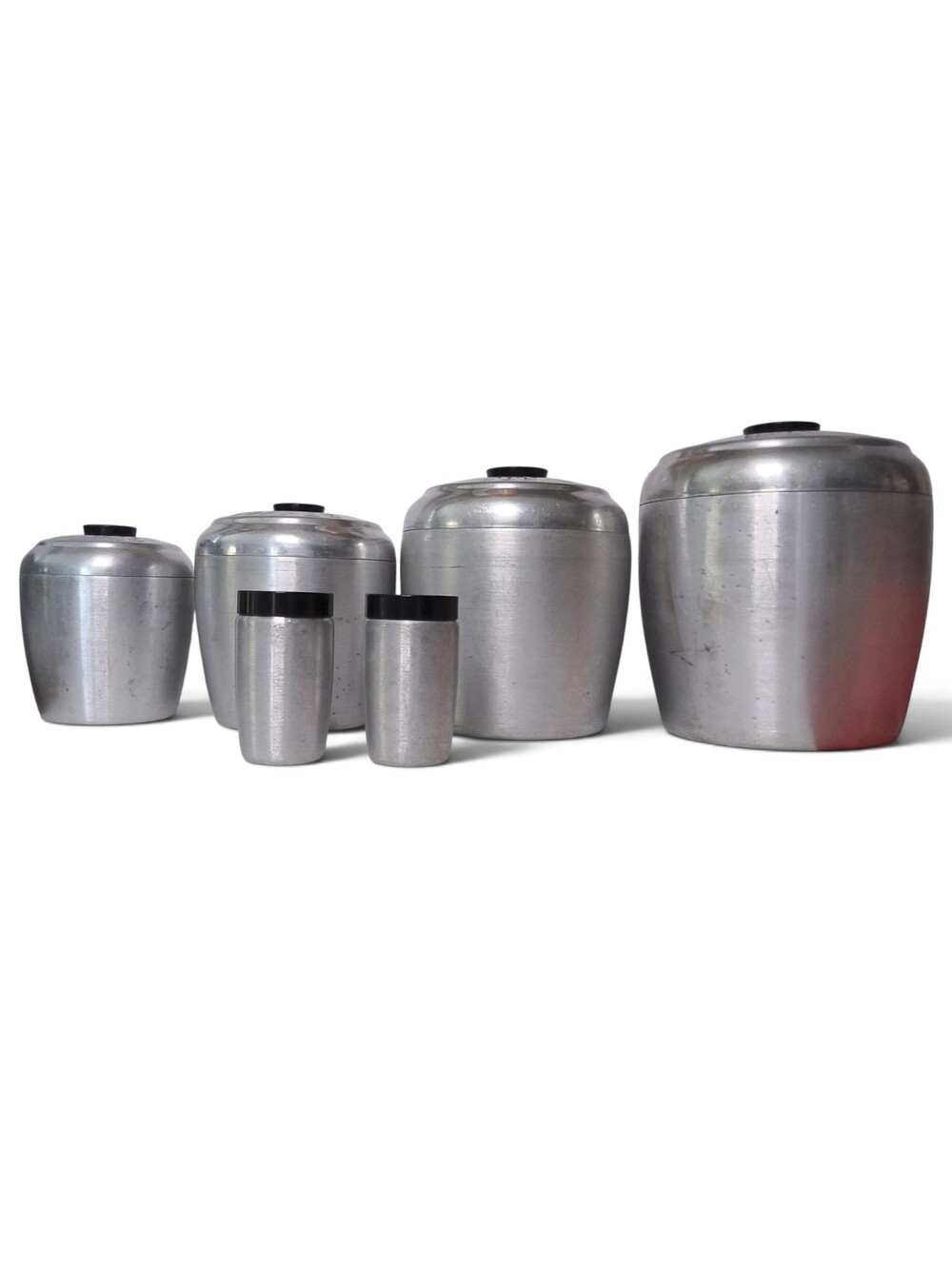Mid Century Embossed Aluminum Canister Salt Pepper Grease Coffee Sugar Flour Set